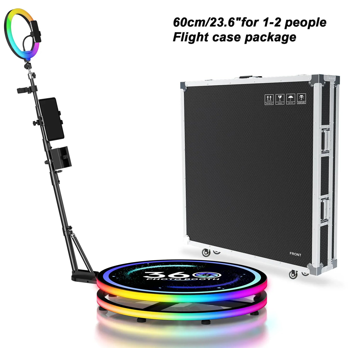 360 Photo Booth for Events with Flight Case Automatic 360 Photo Booth Machine with RGB Ring Light APP/Remote Control for Parties