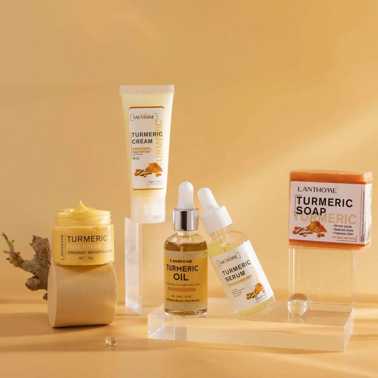 5 Piece Set Turmeric Facial Care Acne Cleansing Cream,Anti-Aging Serum,Dark Spot Moisturizer Fade Spots for Radiant Skin Care