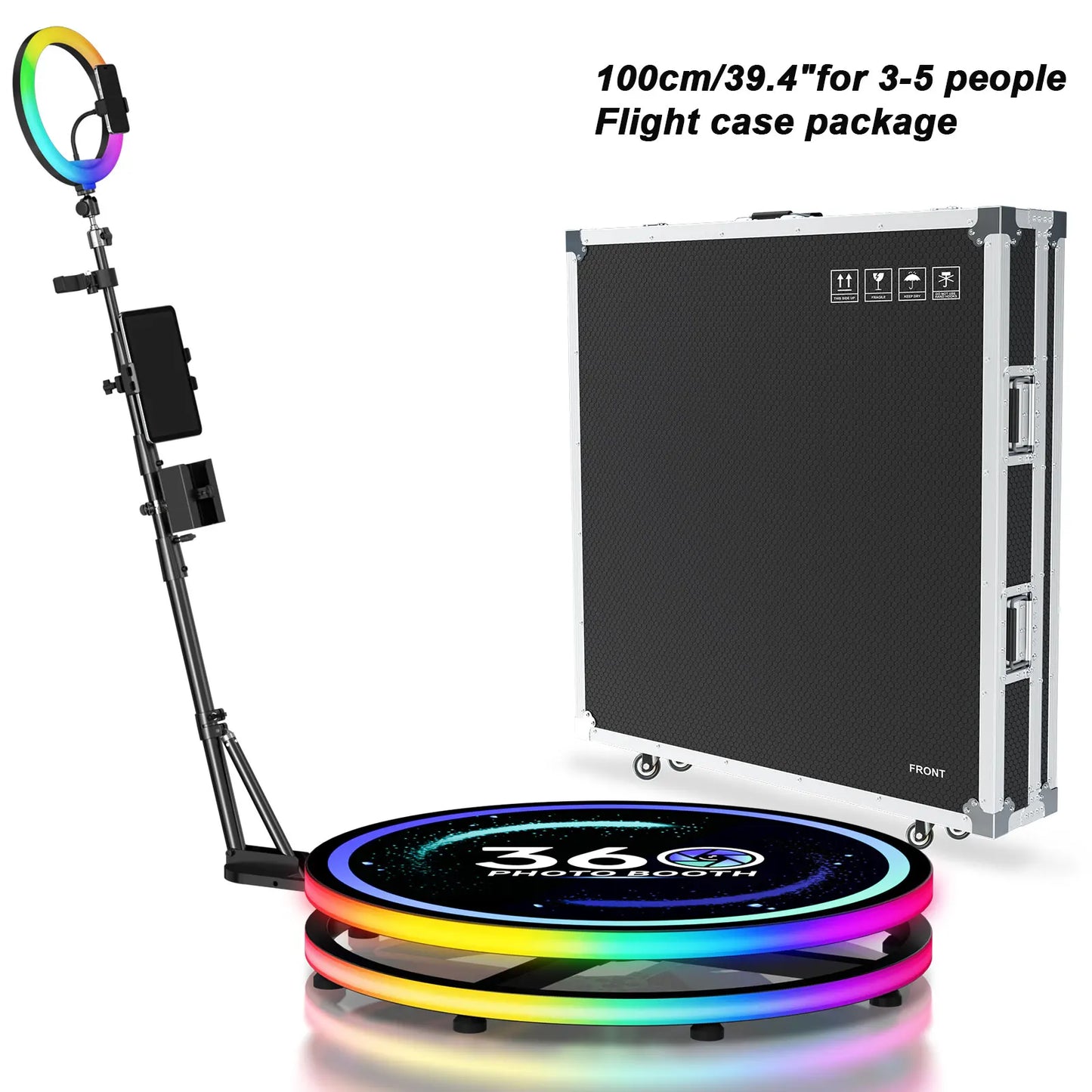 360 Photo Booth for Events with Flight Case Automatic 360 Photo Booth Machine with RGB Ring Light APP/Remote Control for Parties