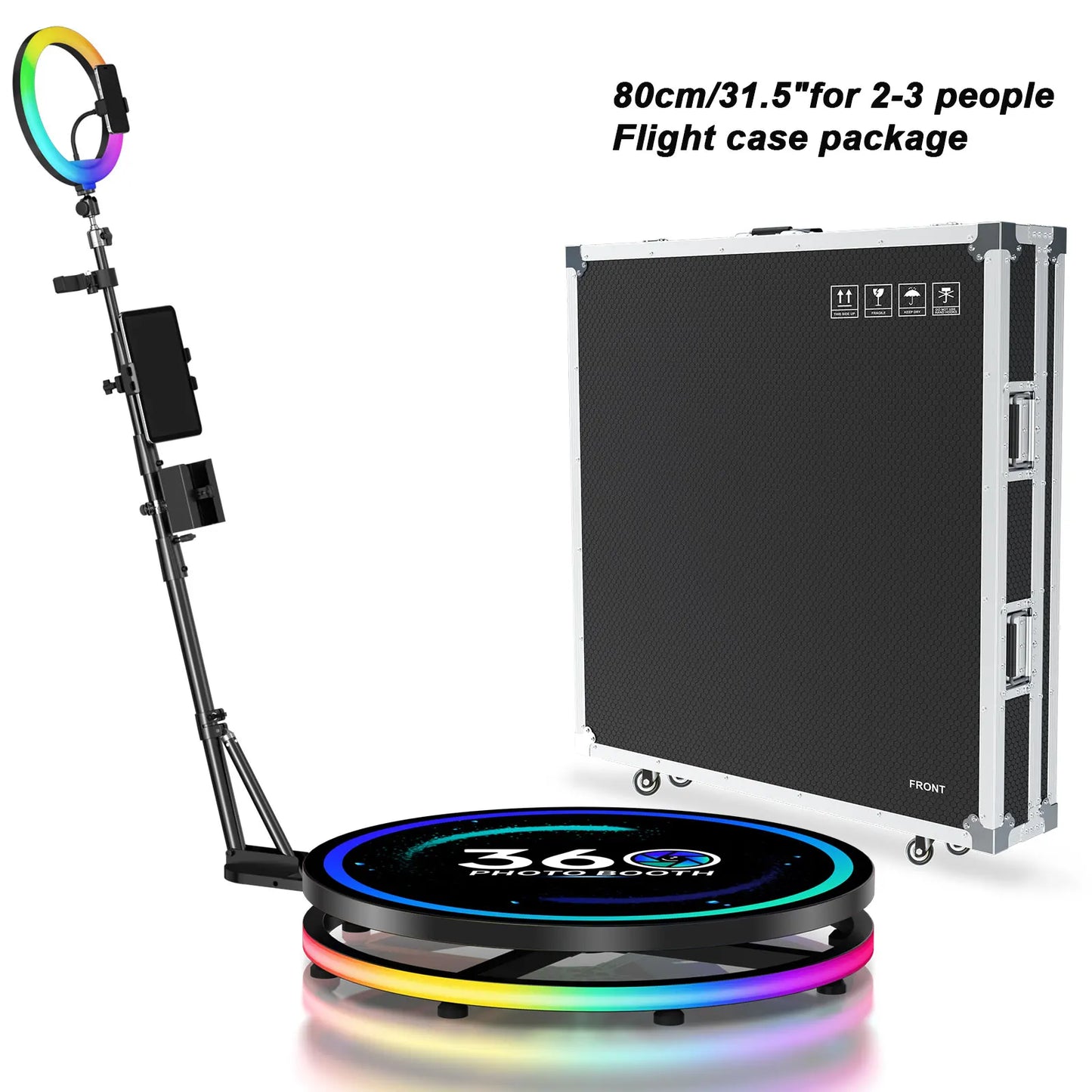 360 Photo Booth for Events with Flight Case Automatic 360 Photo Booth Machine with RGB Ring Light APP/Remote Control for Parties