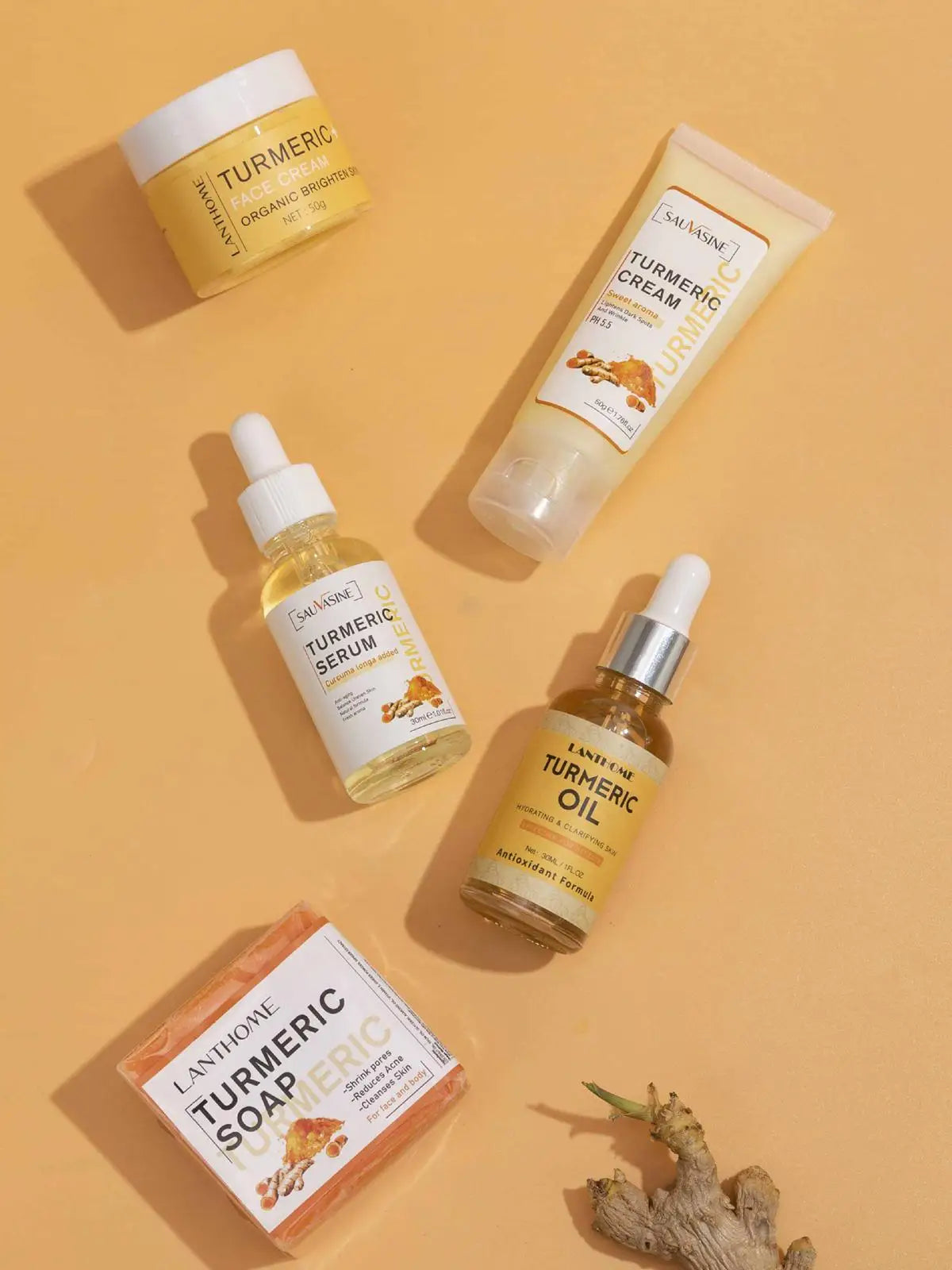 5 Piece Set Turmeric Facial Care Acne Cleansing Cream,Anti-Aging Serum,Dark Spot Moisturizer Fade Spots for Radiant Skin Care