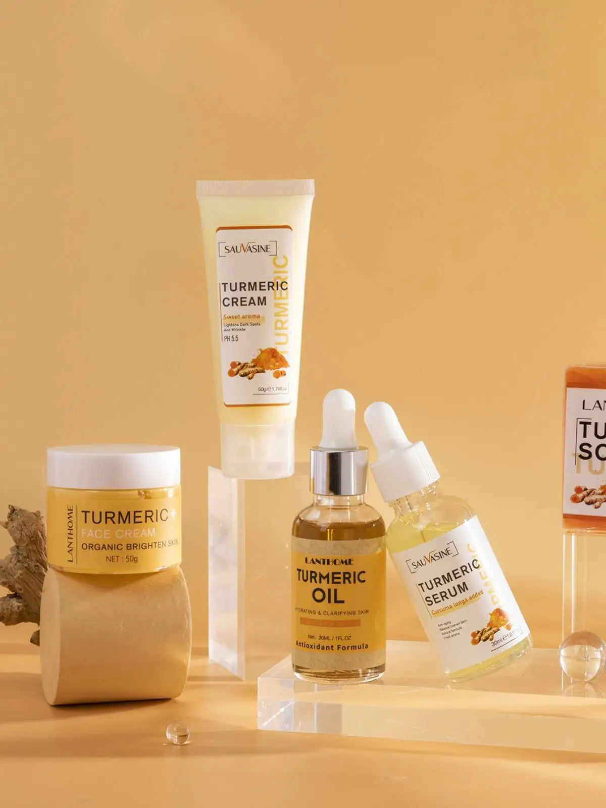5 Piece Set Turmeric Facial Care Acne Cleansing Cream,Anti-Aging Serum,Dark Spot Moisturizer Fade Spots for Radiant Skin Care