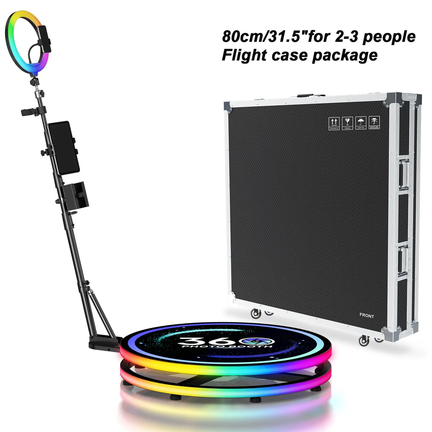 360 Photo Booth for Events with Flight Case Automatic 360 Photo Booth Machine with RGB Ring Light APP/Remote Control for Parties