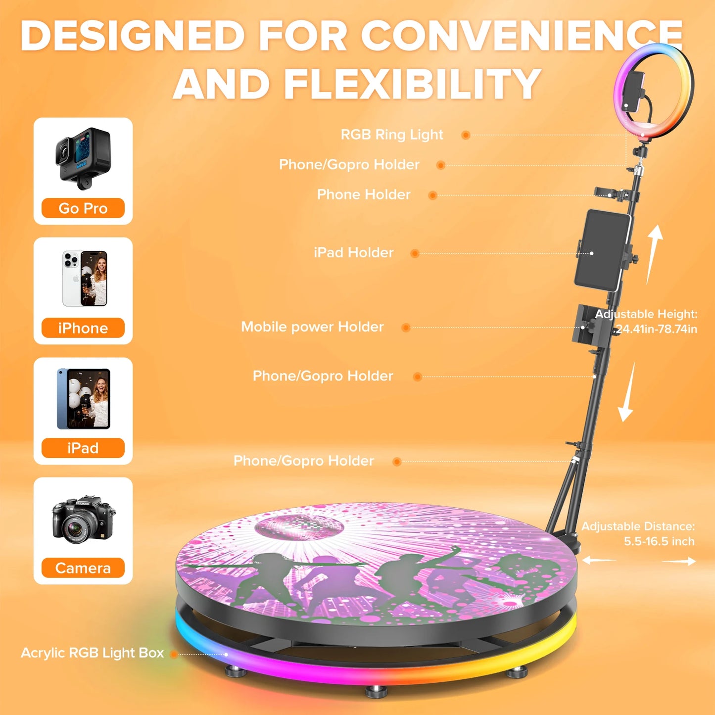 360 Photo Booth for Events with Flight Case Automatic 360 Photo Booth Machine with RGB Ring Light APP/Remote Control for Parties