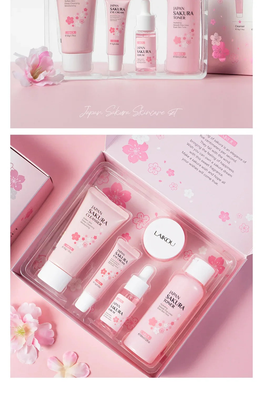 LAIKOU Sakura Kit Skin Care Sets Moisturizing and Reducing Fine Lines Cleansing Pore Product 5-Piece Korean Skincare Set