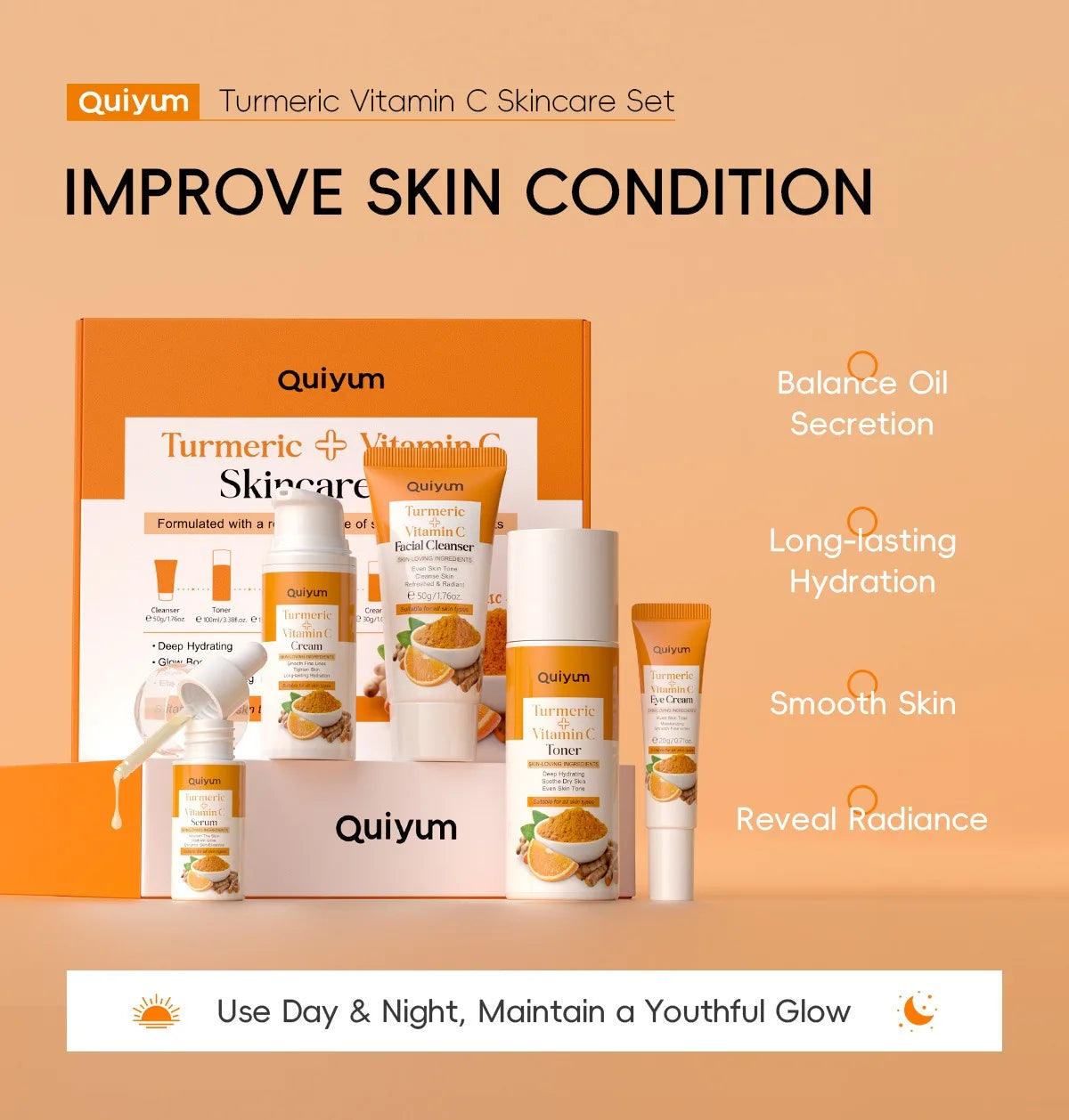 Turmeric Vitamin C Skincare Set Turmeric Facial Acne Cleansing Cream Fade Dark Spots Turmeric Serum Anti-Aging Skin Moisturizing