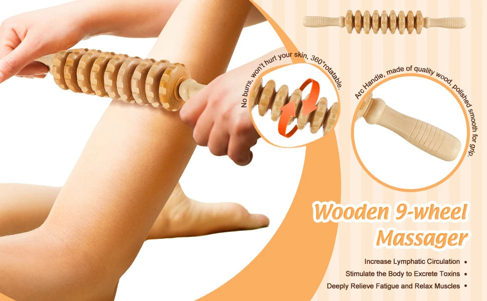 Wooden Back Massage Roller Rope Wood Therapy Massage Tools ,Wooden 9-wheel Massager,Lymphatic Drainage for Leg Back Pain Relief