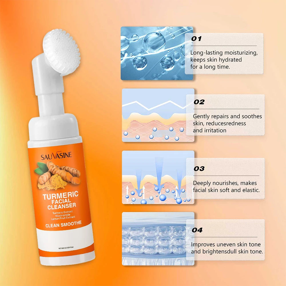 60ML Turmeric Cleanser Deeply Cleansing Kojic Acid Blackhead Remover Skin Cleansing Oil Control Fade Acne Marks Brighten Foam