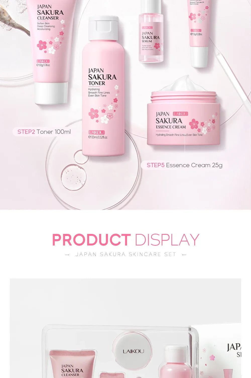 LAIKOU Sakura Kit Skin Care Sets Moisturizing and Reducing Fine Lines Cleansing Pore Product 5-Piece Korean Skincare Set