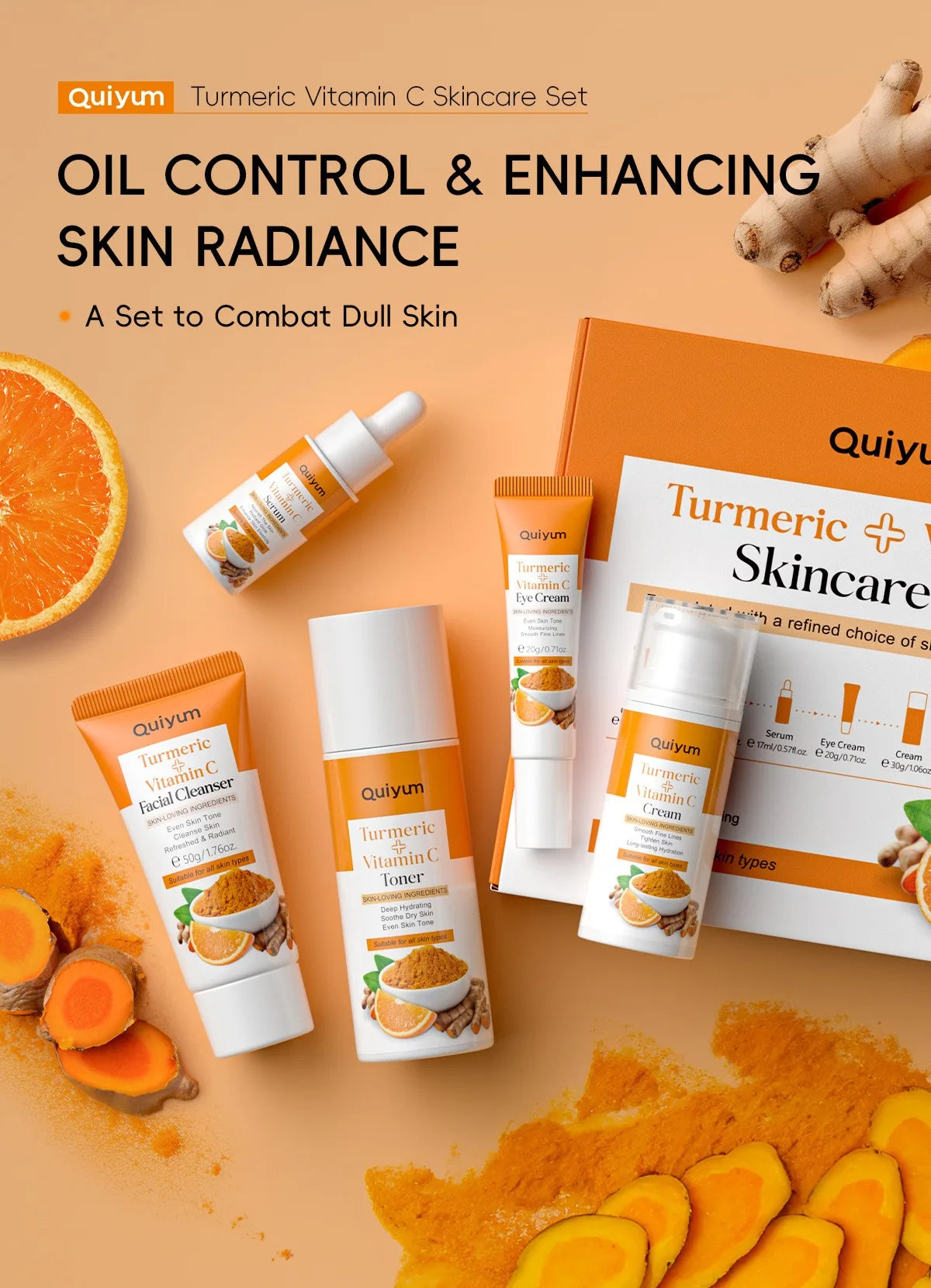 Turmeric Vitamin C Skincare Set Turmeric Facial Acne Cleansing Cream Fade Dark Spots Turmeric Serum Anti-Aging Skin Moisturizing