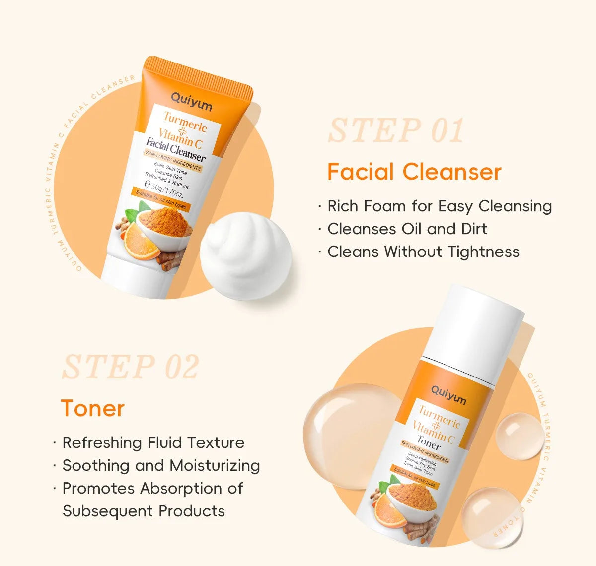 Turmeric Vitamin C Skincare Set Turmeric Facial Acne Cleansing Cream Fade Dark Spots Turmeric Serum Anti-Aging Skin Moisturizing