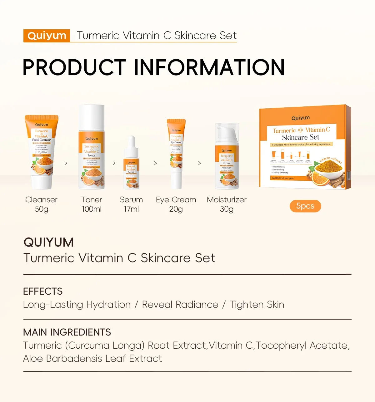 Turmeric Vitamin C Skincare Set Turmeric Facial Acne Cleansing Cream Fade Dark Spots Turmeric Serum Anti-Aging Skin Moisturizing